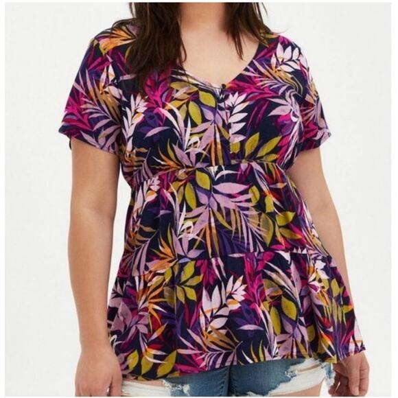 Torrid Rayon Slub Tiered Button Front Tropical Top Size Large - Picture 1 of 8